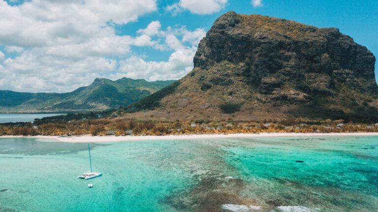 Catamaran sailing in a lagoon near Le Morne, Mauritius