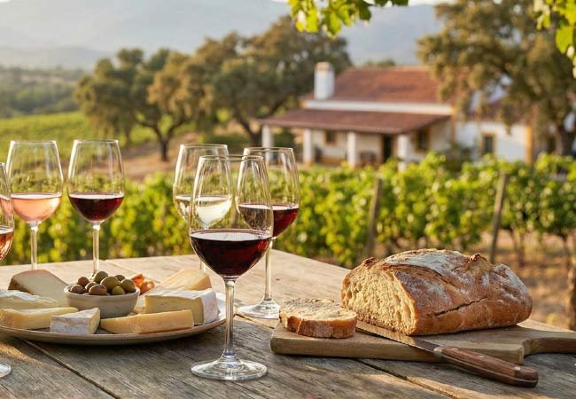 Wine and cheese tasting table at a countryside estate in Portugal