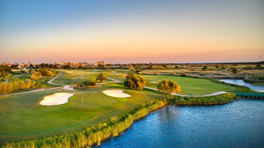 Dom Pedro Laguna golf course at sunset in Vilamoura, Portugal
