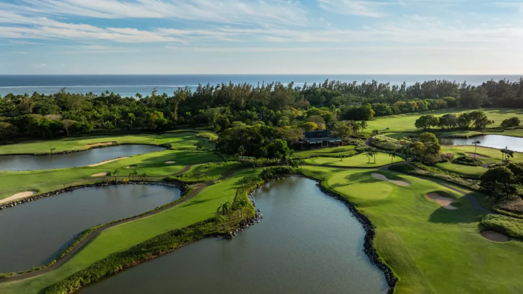 Aerial view of lakes and greens at Le Château golf course, Mauritius